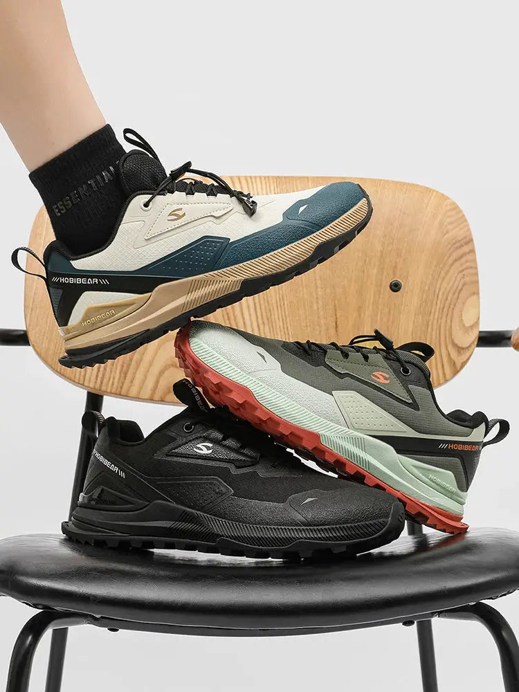 HOBIBEAR hiking shoes; 3 colorways shown (blue/beige, gray/green, black) with rugged outsole