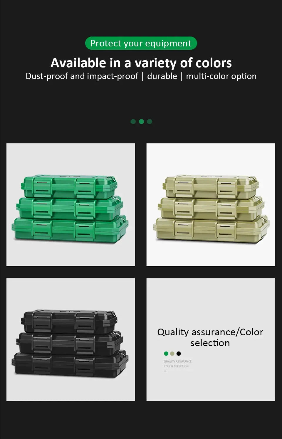 Waterproof storage case for small precision tools; three colors shown: green, tan, black; Simples Market.