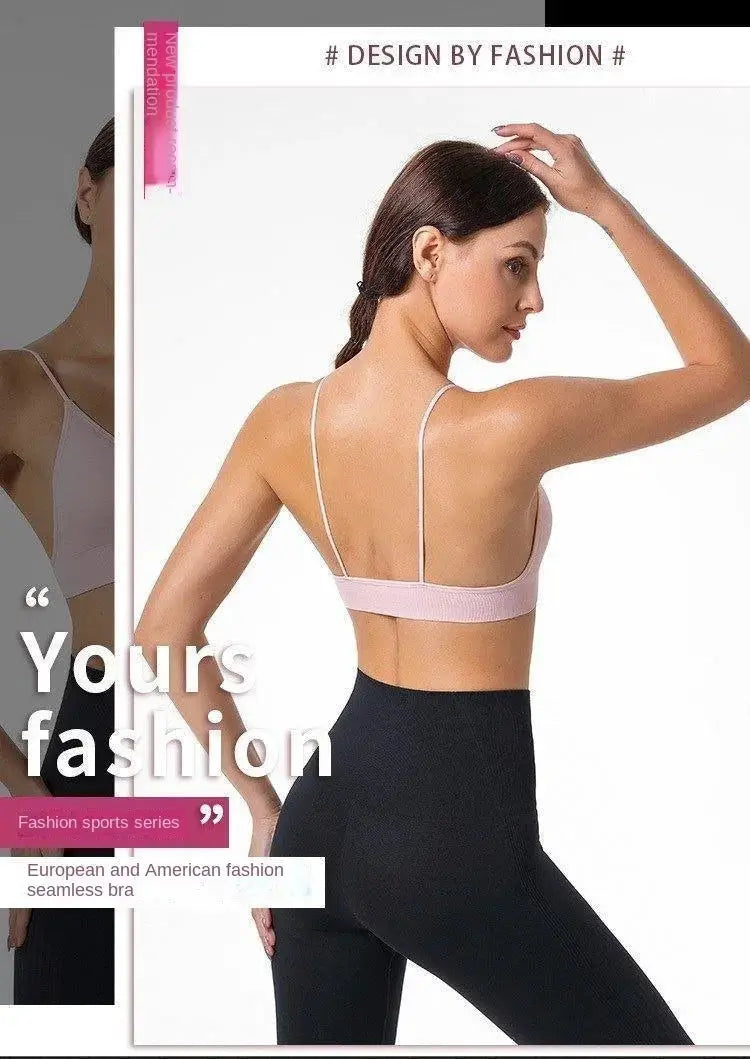 Pink V-neck seamless triangle-cup bra camisole with thin straps and wide elastic band, back view.
