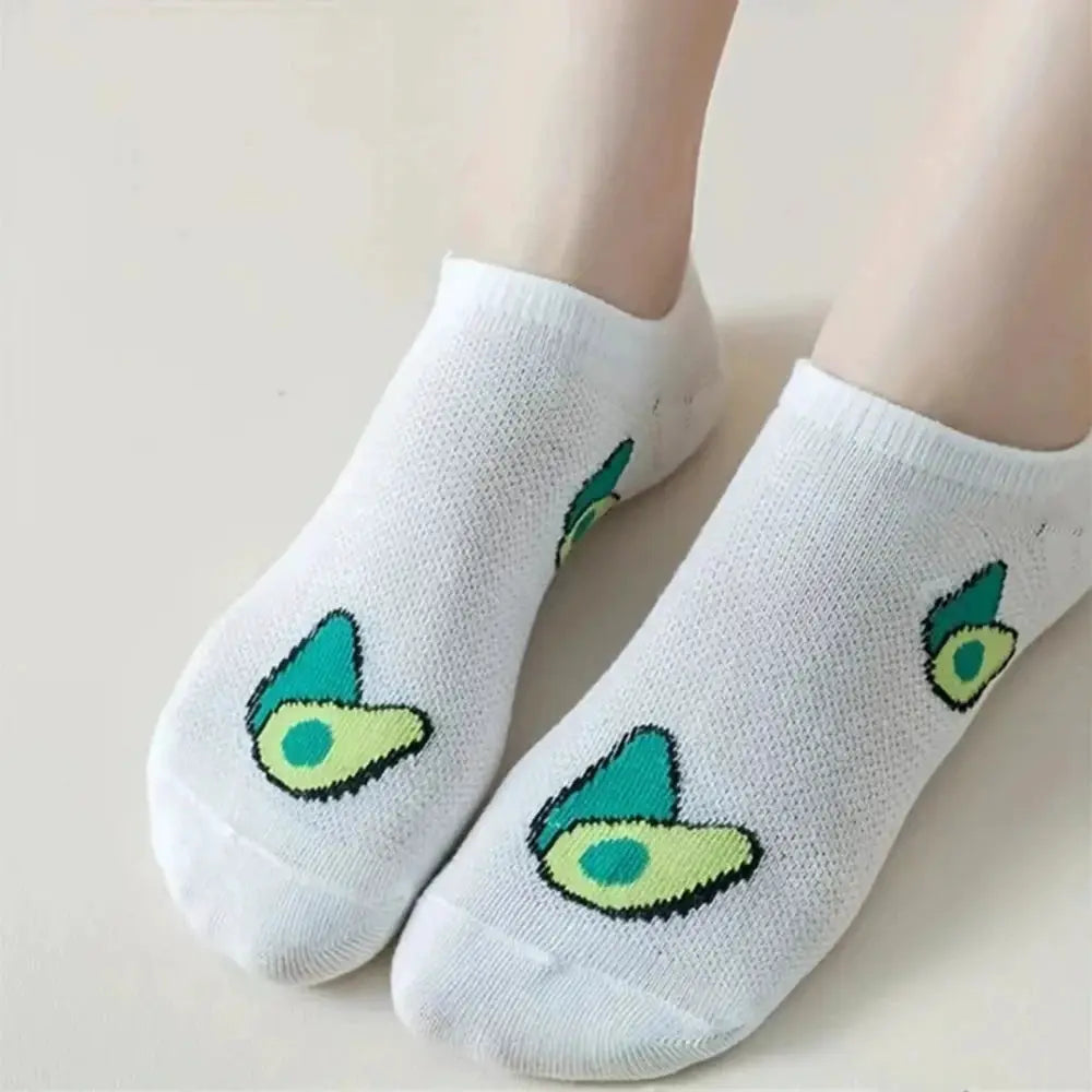 5 Pairs Avocado Crew Ankle Socks for Women Breathable Thin Knit Cartoon Fresh Kawaii Fashion