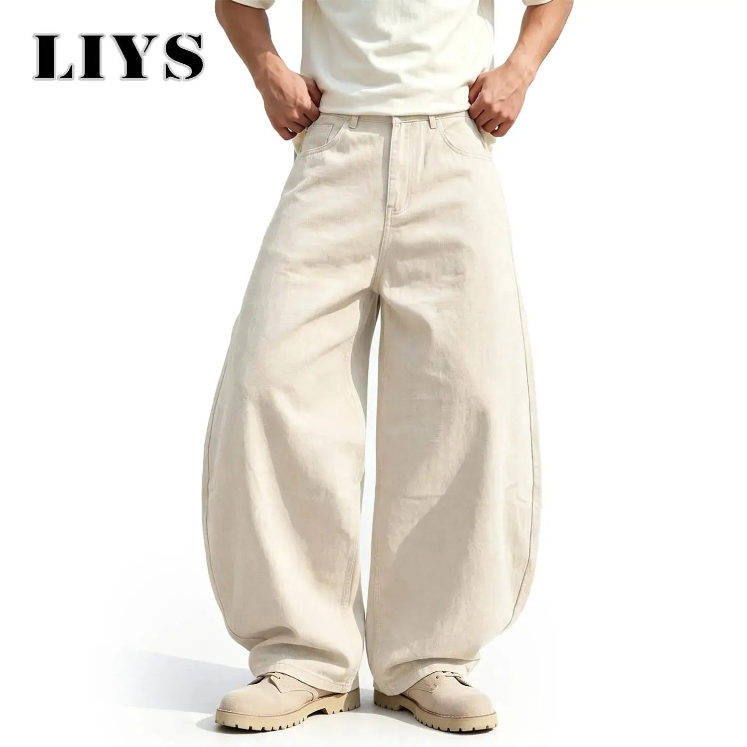 LIYS men's beige loose wide-leg high-waisted denim jeans for streetwear and hip-hop style.
