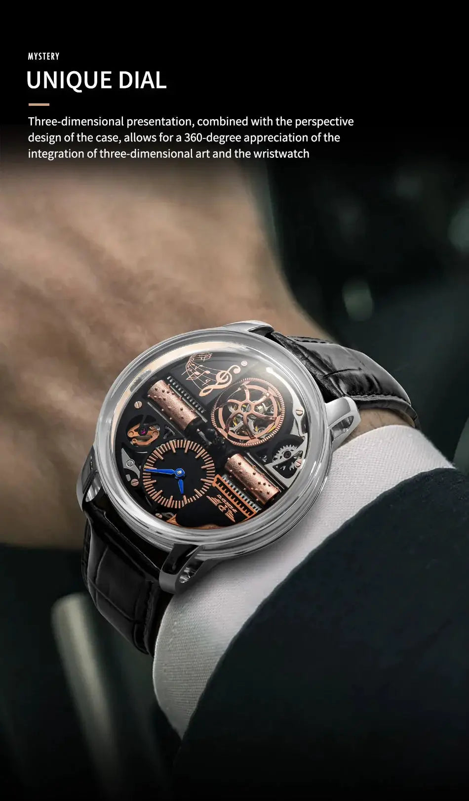 Watch skeleton automatic movement with copper gears, stainless steel case, sapphire glass, black leather strap