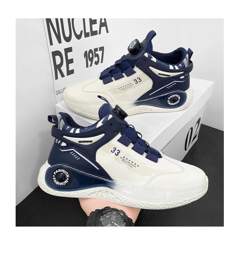 Men's navy and white sneakers with rotating buckle and non-slip sole, two shown