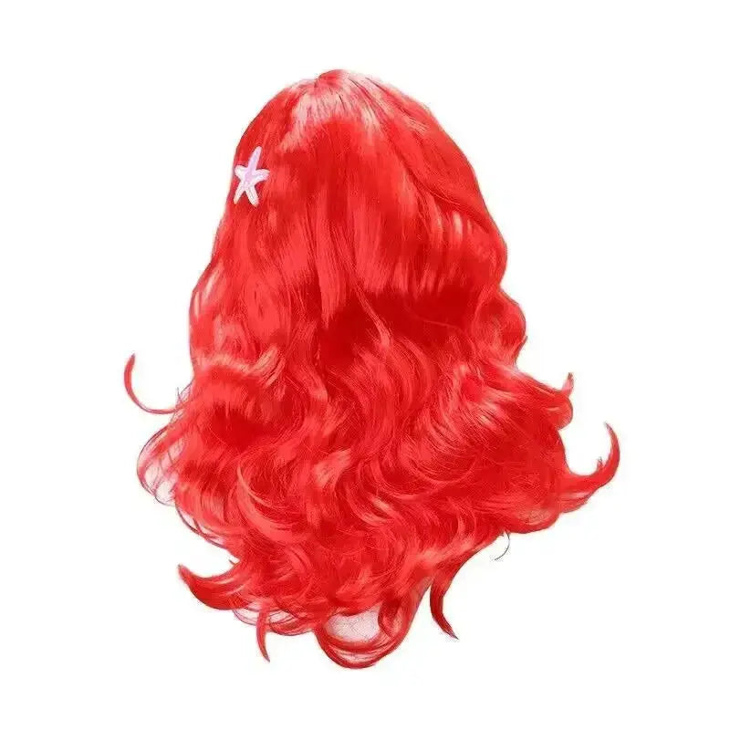Mermaid wig for girls, red long wavy synthetic hair with starfish clip