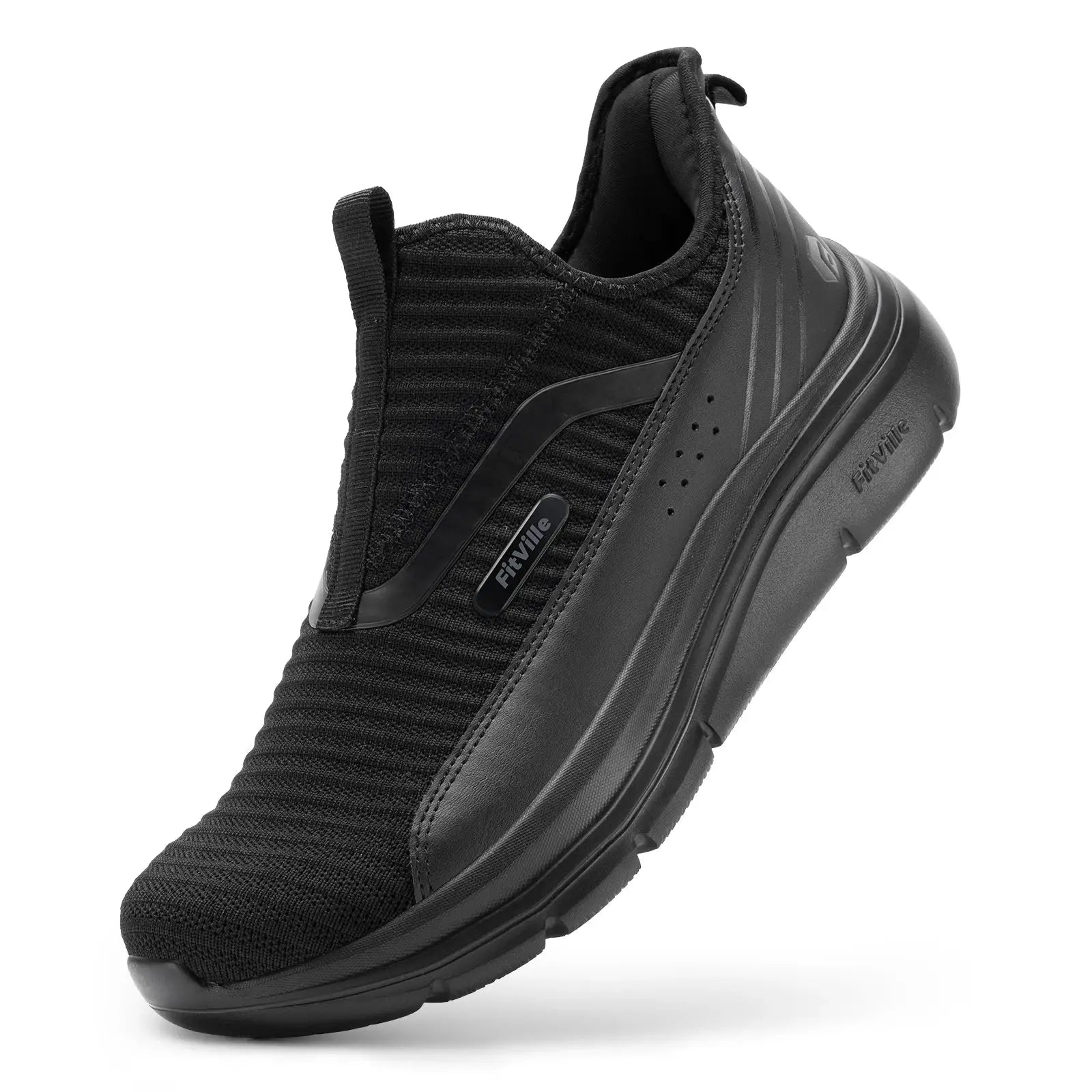Fitville wide men's sneaker in black knit upper with slip-on collar and cushioned sole.