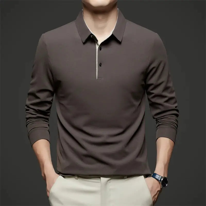 Simples Market men's long-sleeve polo shirt in dark brown solid color, versatile business casual top.