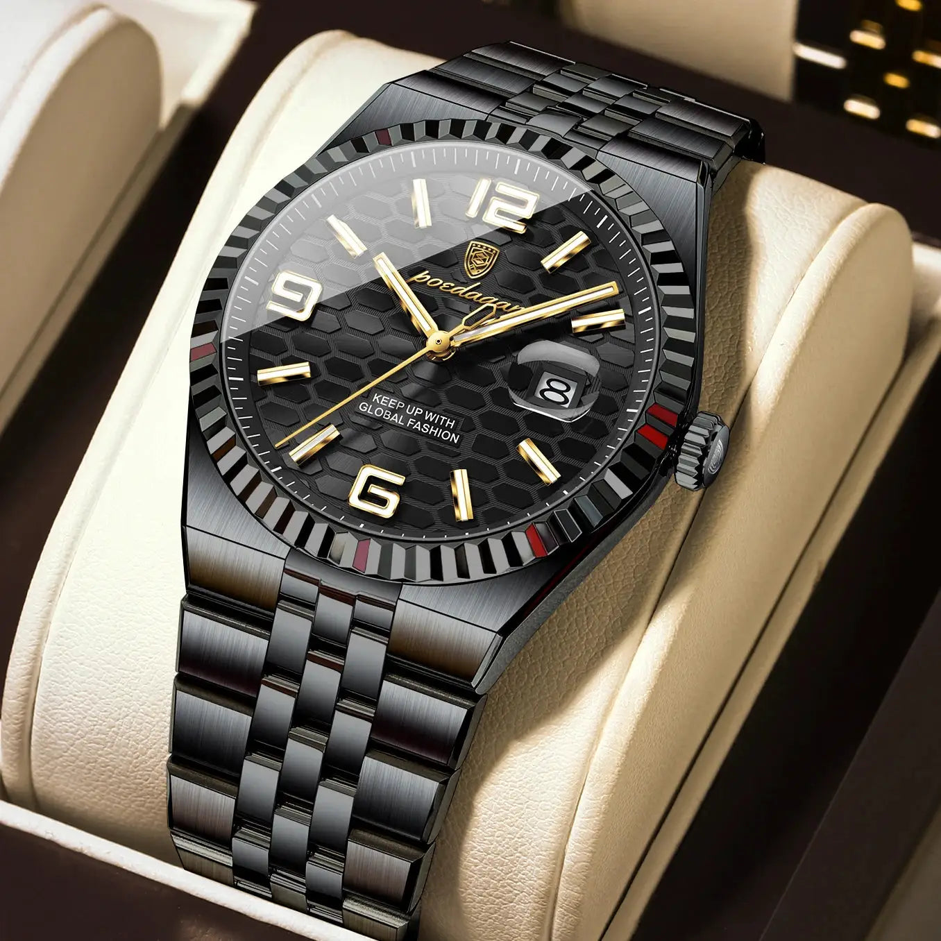 POEDAGAR men's luxury stainless steel wristwatch with black dial, gold-tone hands, date window, waterproof, and box