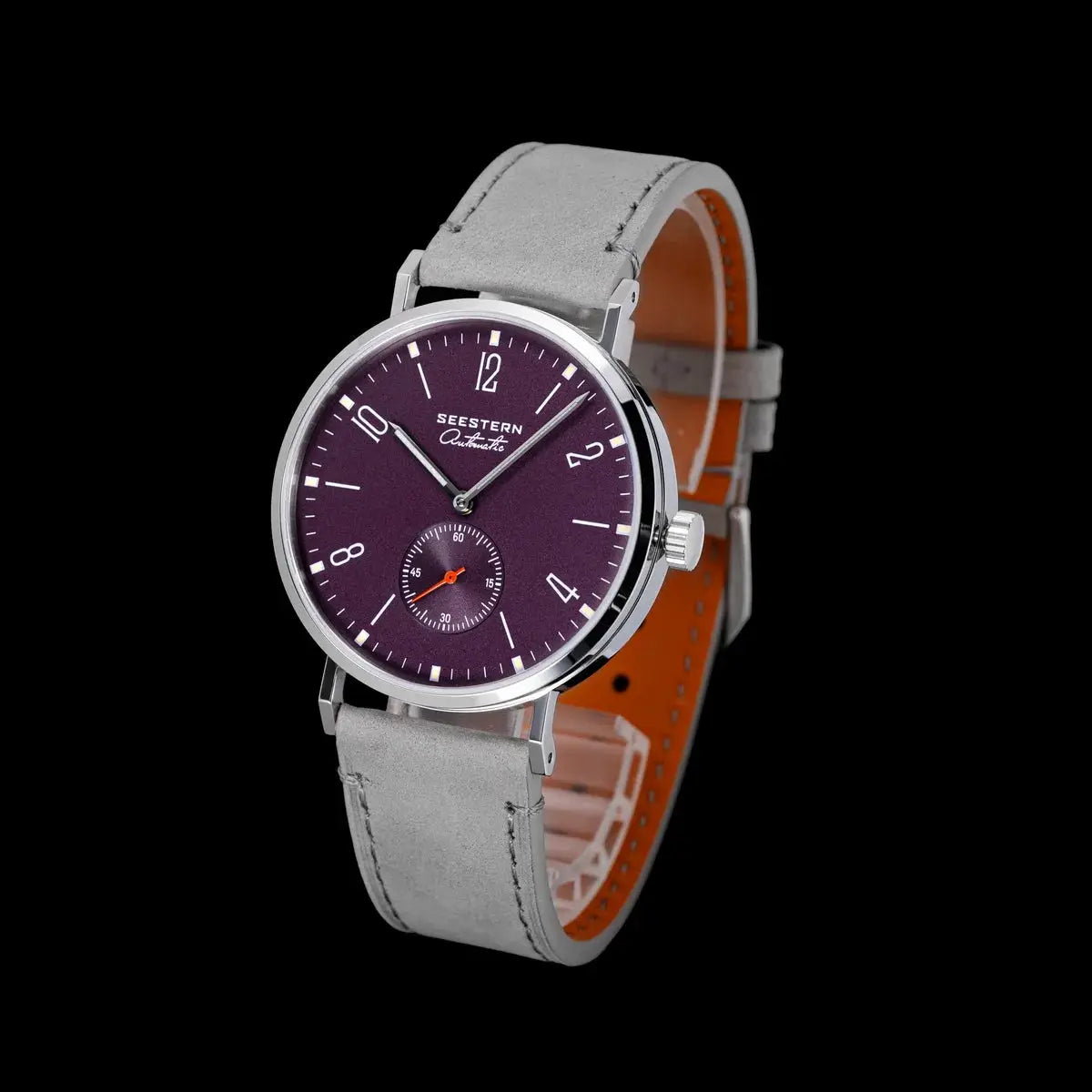 Seestern automatic men's wristwatch with purple dial, silver case, gray suede strap