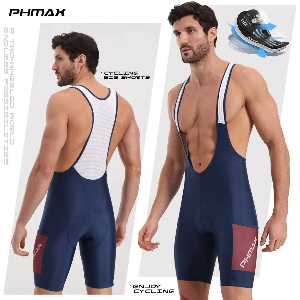PHMAX men's cycling bib shorts with 5D silicone padding, navy blue with white back panel and red thigh patches; two models.