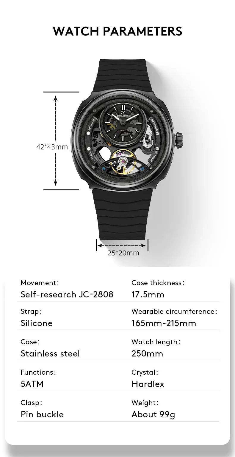 Daniel Gorman men's automatic skeleton watch with black silicone strap and stainless steel case, 5ATM waterproof.