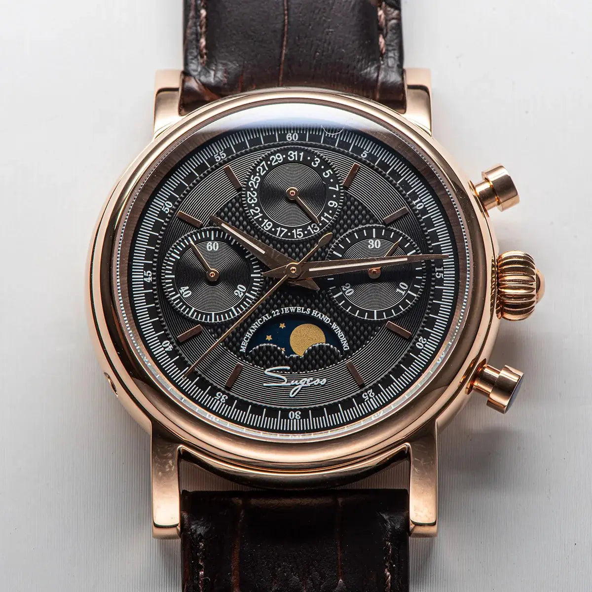 Sugess ST1908 men’s mechanical chronograph watch with moonphase, rose gold case, brown leather strap