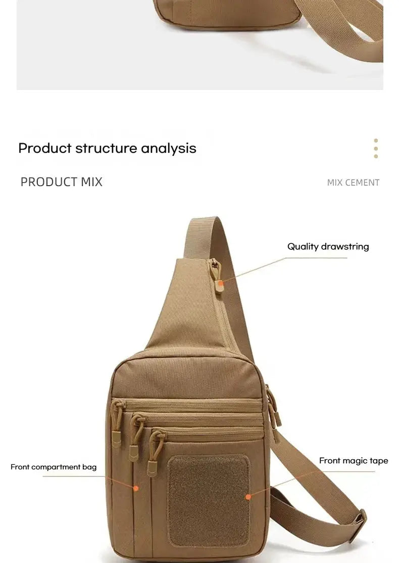 Tactical sling bag by Simples Market in tan with multiple front zipper pockets and an adjustable strap