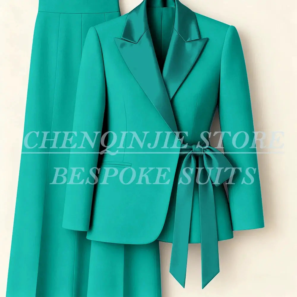 Teal green women's blazer suit with belt and matching pants 2-piece set
