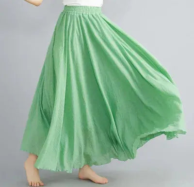 Skirt, green cotton-linen, flowing long A-line design.