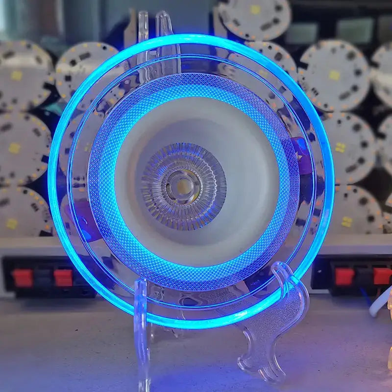 LED downlight with blue halo ring, 9W recessed ceiling spotlight with three-color adjustable lighting
