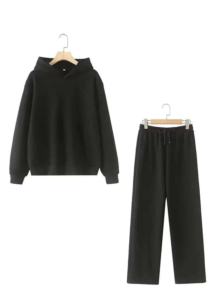 HH Women Solid Long Sleeve Hooded Fleece Pullover Pants Set Casual