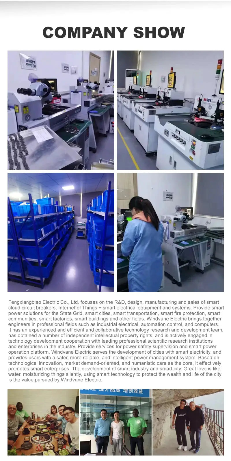 Simples Market company show collage: factory floor, assembly line, warehouse aisles, and staff