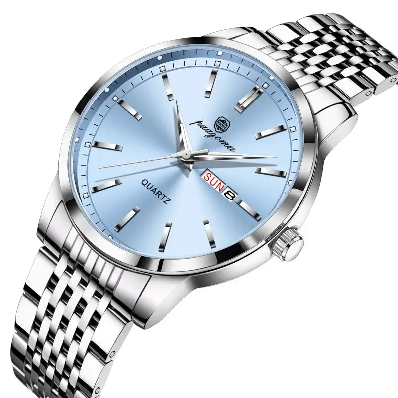 PAAZOMU luxury men's quartz watch with stainless steel bracelet and blue dial with date window.