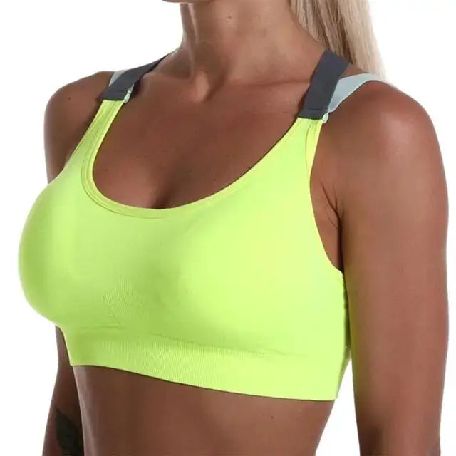 Sports bra neon yellow with gray straps, athletic yoga vest