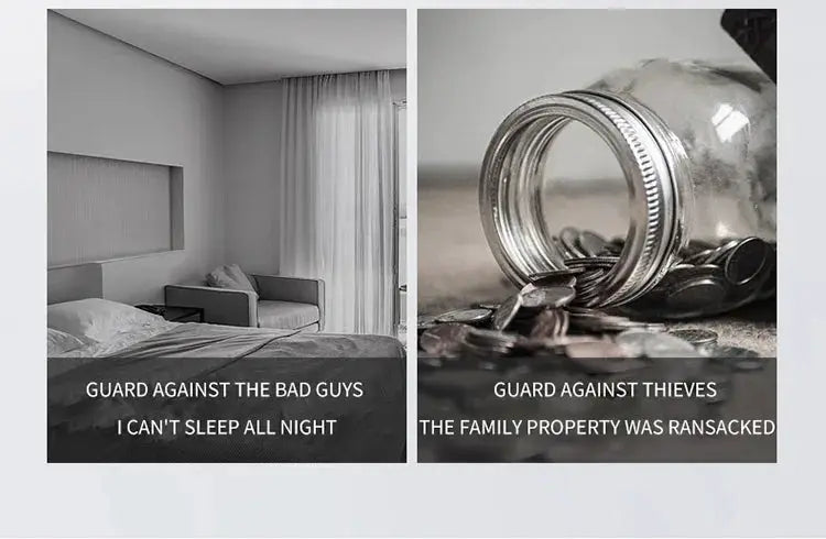 Simples Market security portable door lock latch collage; hotel room left, jar of coins right