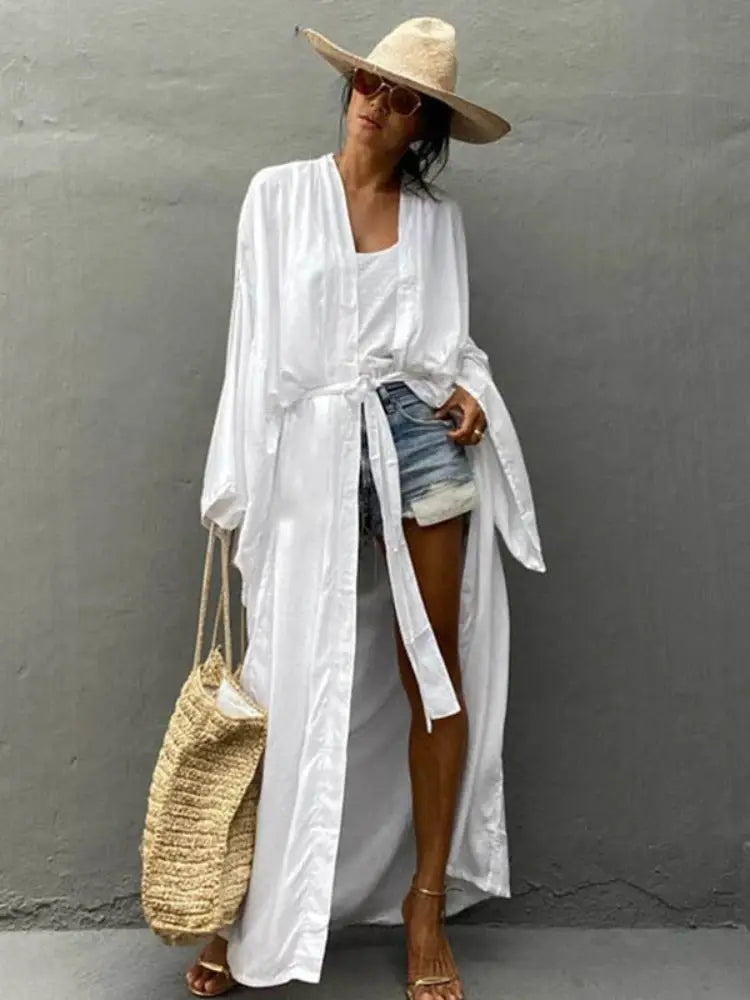 Coastline Solid Beach Cover Up Women Self Belted Wrap Kimono Dress Flattering Wrap Design For Breezy Summer Beachwear