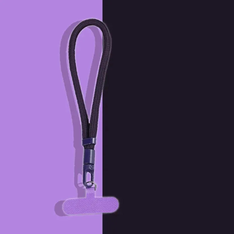 Phone lanyard with adjustable short loop, black woven cord and purple metal clip