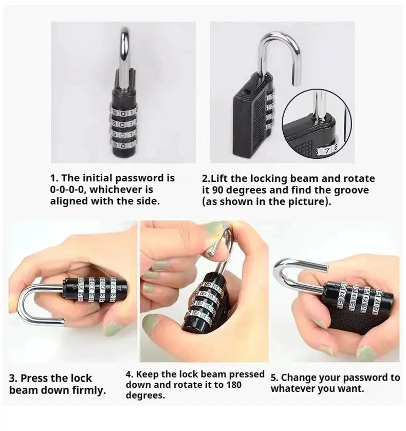 4-digit combination padlock, black zinc-alloy body with silver shackle, weatherproof outdoor luggage lock