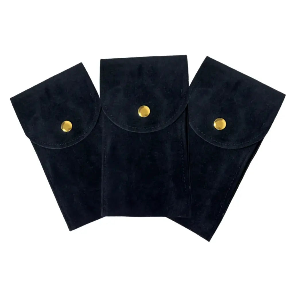 Embers watch bag set: three black flannelette pouches with gold snap closures