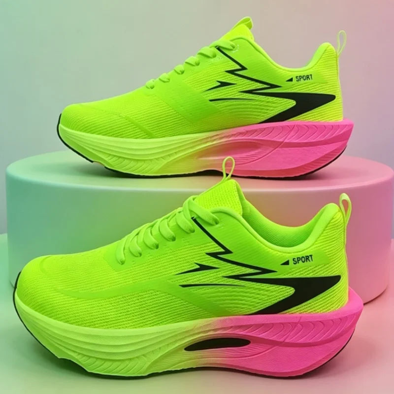 Simples Market neon lime green running shoes with pink cushioned sole, breathable mesh, pair