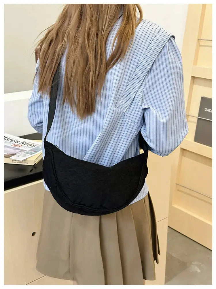 Solid color black corduroy women's hobo shoulder bag crossbody, versatile retro casual daily travel handbag