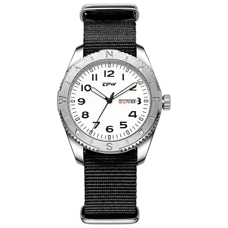 TPW 40mm field watch with black fabric strap, white dial, luminous hands, rotating bezel, date and day window