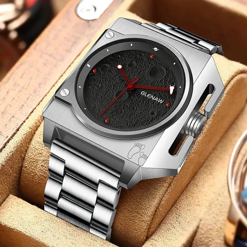 Glenaw men's stainless steel mechanical watch with moon dial and red hands