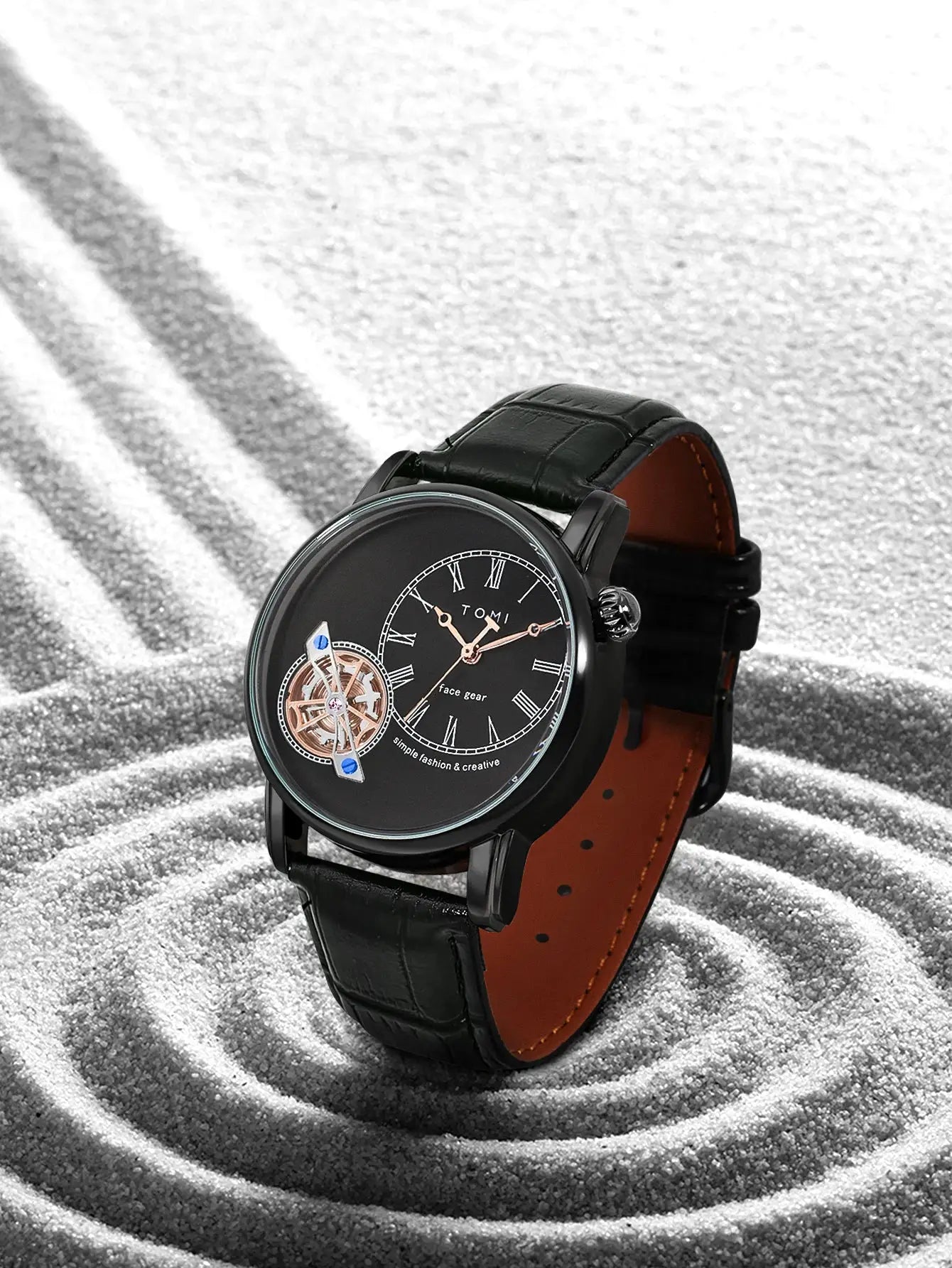 TOMI men's black leather strap quartz watch with skeleton dial