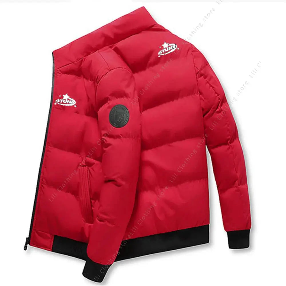 Men's Parker down jacket by Simples Market, red thick warm waterproof puffer with black cuffs and hem.