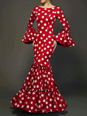 Glamora Polka Dot Fishtail Cotton Blend Evening Dress With Trumpet Sleeves Cascading Ruffle Hem Luxurious Silhouette