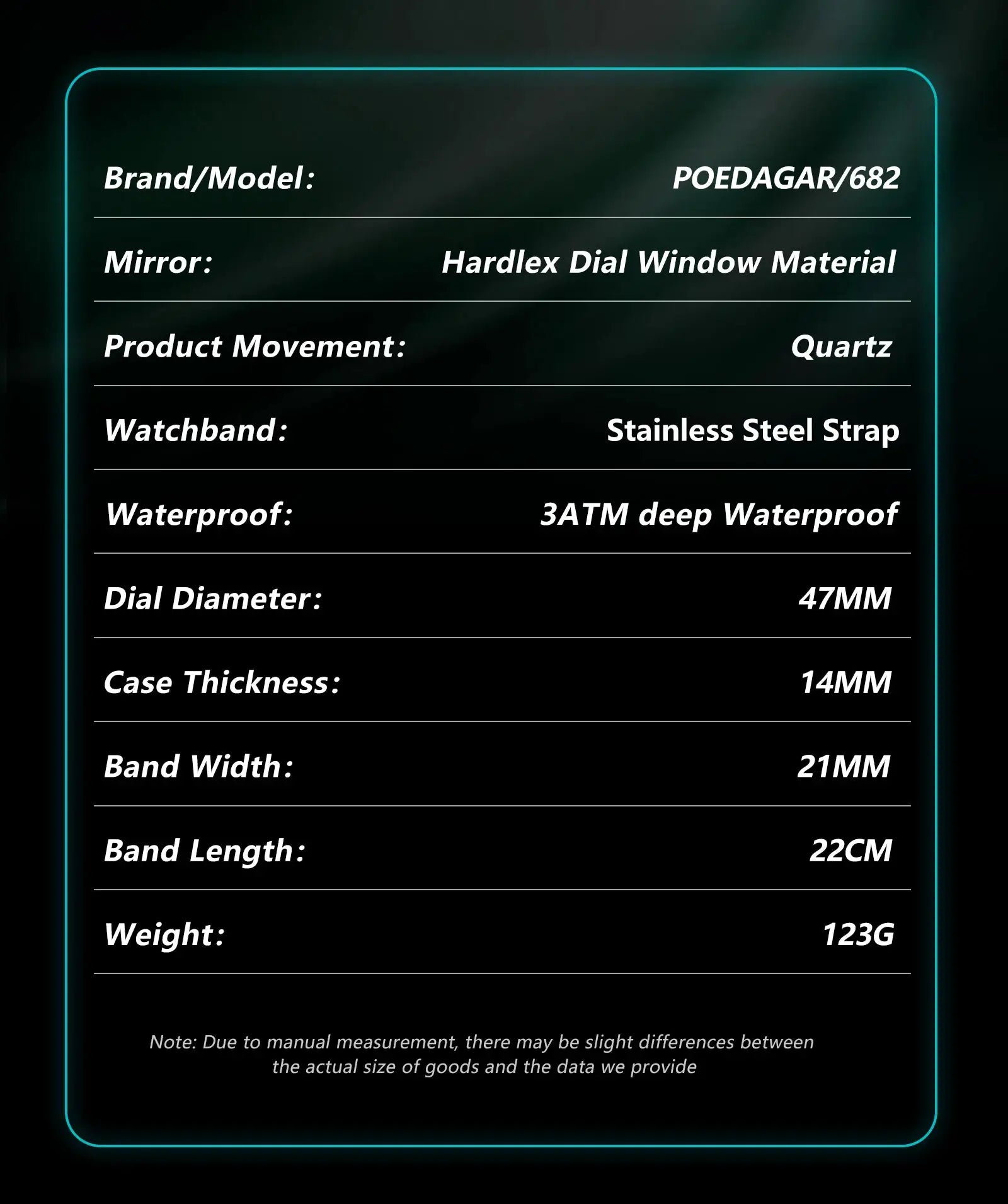 POEDAGAR/682 luxury men's watch specs: quartz, Hardlex dial, stainless steel strap, 3ATM waterproof, 47mm dial.