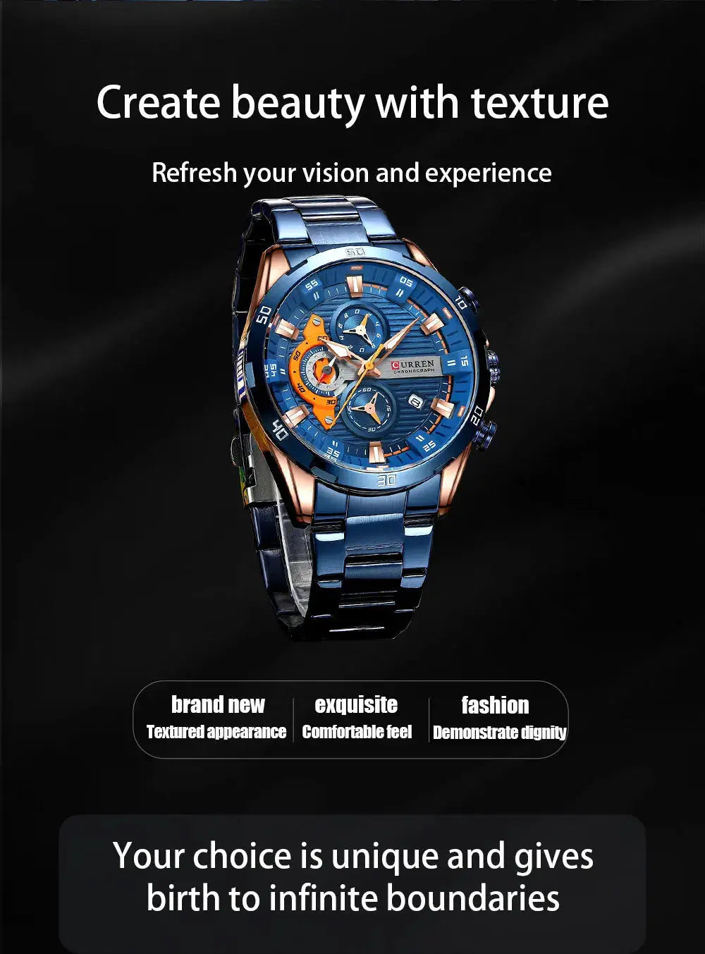 CURREN 8402 men's stainless steel wristwatch with blue dial, rose-gold accents, and chronograph