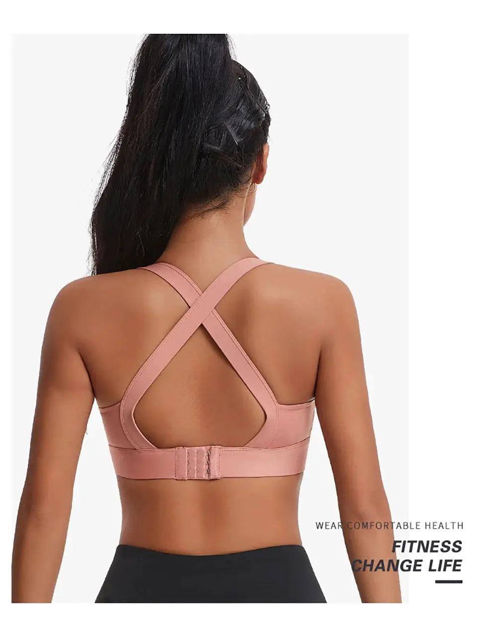 Simples Market pink high-impact sports bra with criss-cross back straps, padded cups, and back hook closure.