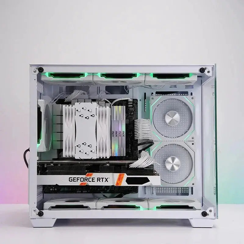 LDPCSJ Prism 4RS 120mm ARGB PC case fan with infinity mirror design; white build with ARGB fans and GeForce RTX GPU