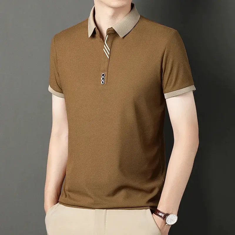 Men's brown polo shirt with beige collar and cuffs, Simples Market solid-color short-sleeve casual top