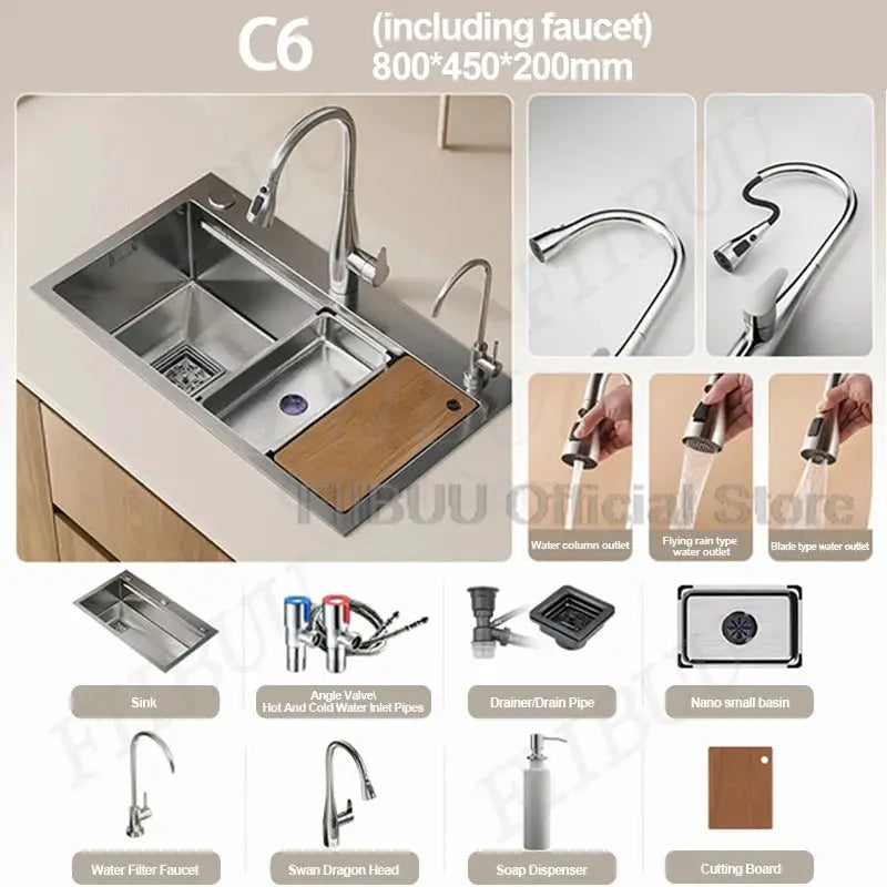 Simples Market 304 stainless steel kitchen sink, large single bowl, undercounter/topmount with wear-resistant faucet