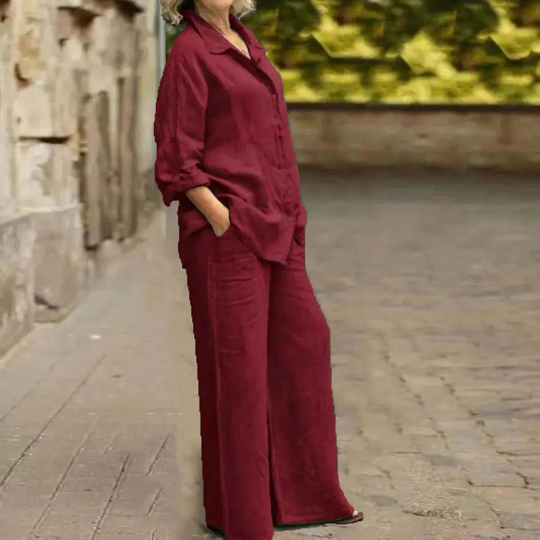 Cotton Linen Shirt Two Piece Set For Women With Wide Leg Trousers