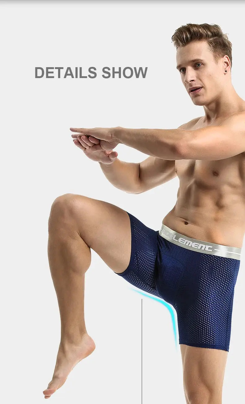 Men's long-leg boxer briefs by Simples Market in navy, breathable perforated ice-silk fabric with branded waistband