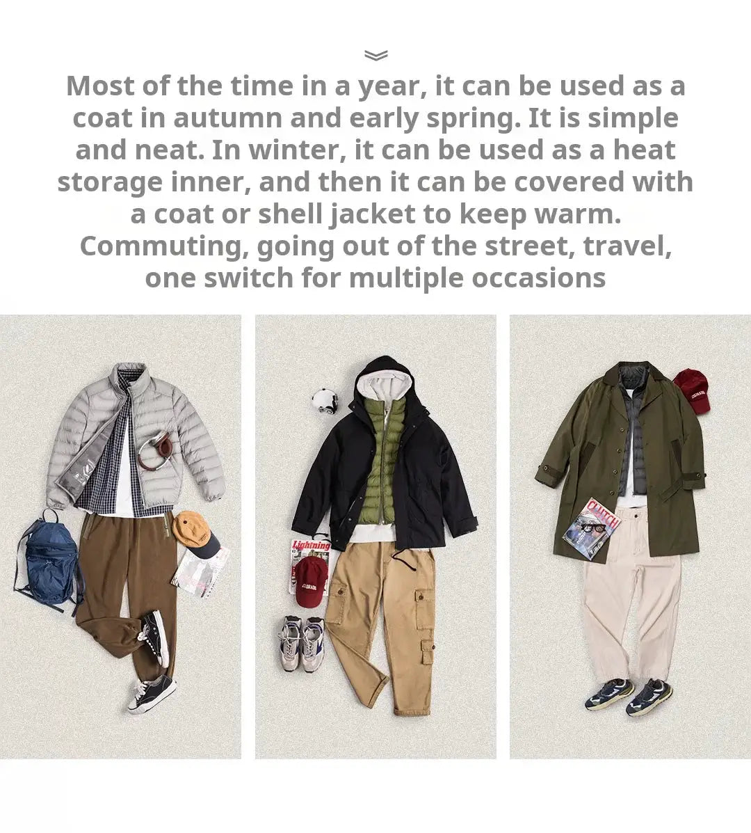 Maden Winter men's stand collar down jacket Simples Market; hydrophobic white duck down, shown in three outfits.