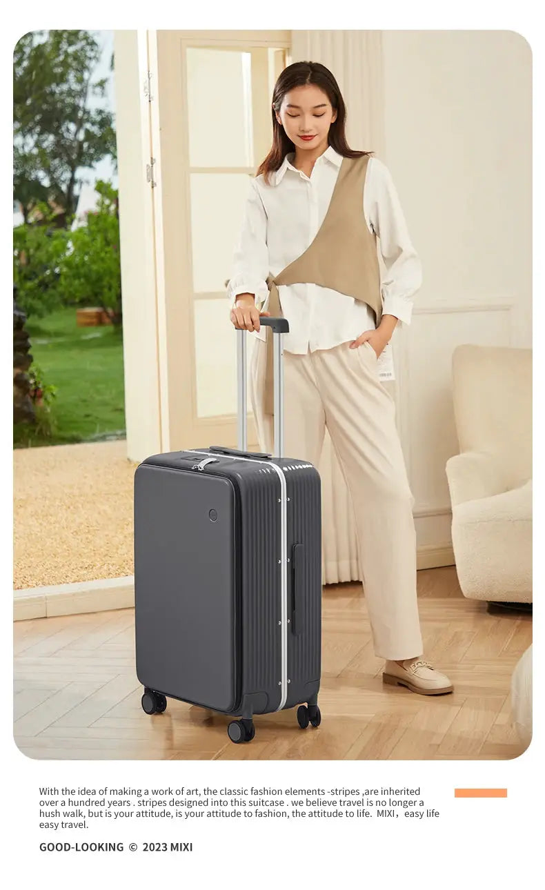 Mixi aluminum-frame carry-on rolling suitcase in dark gray with four spinner wheels