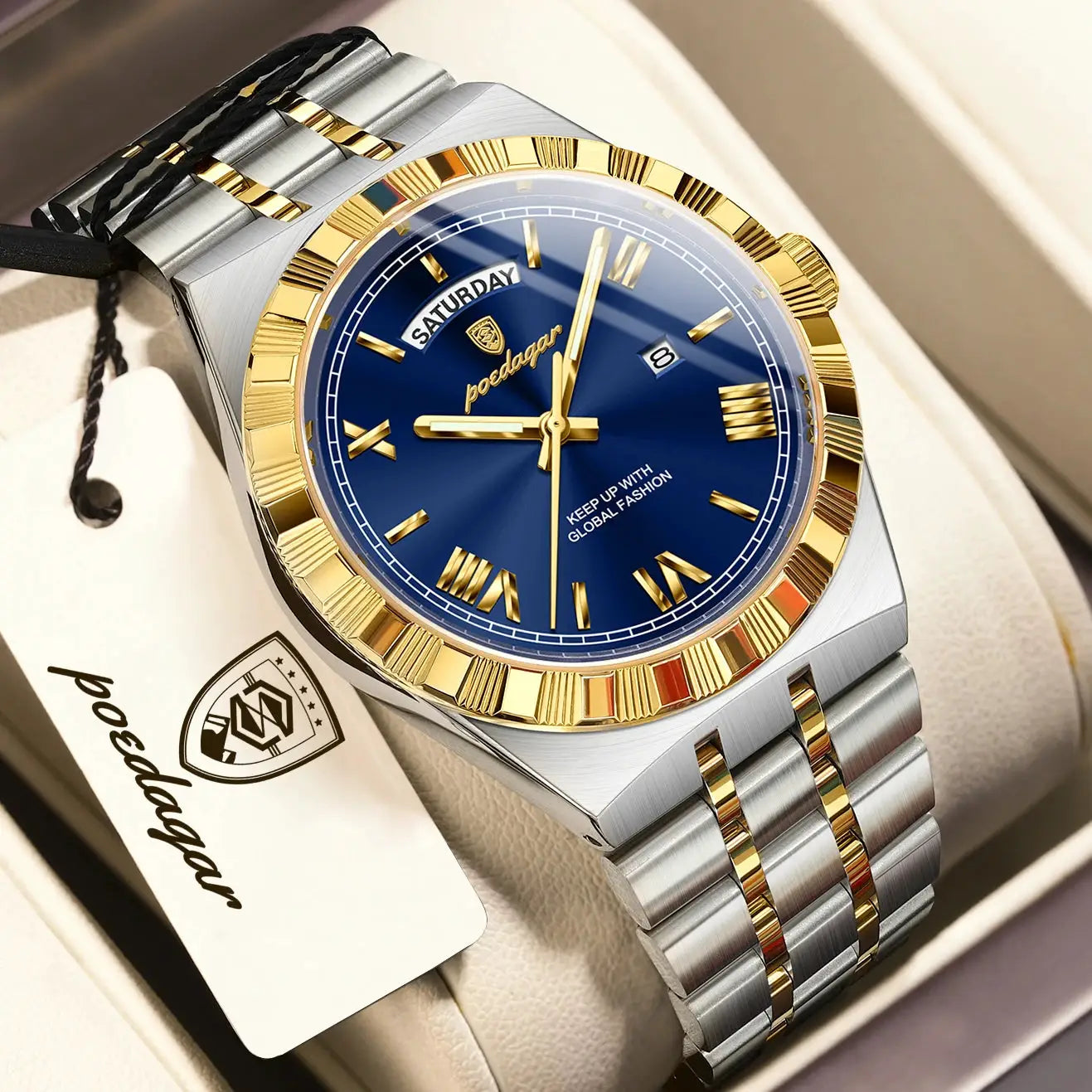 POEDAGAR men's luxury wristwatch with blue dial, gold bezel, stainless steel bracelet, day-date window