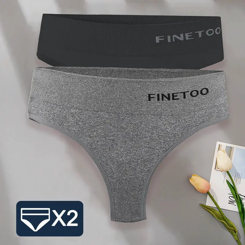 FINETOO 2-pack high-waist G-string panties for women; grey and black with visible logo