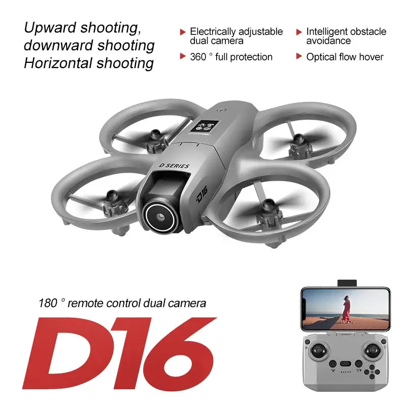 D16 Mini Drone 180 Degree 8K Dual Camera Quadcopter With Five Sided Obstacle Avoidance for Aerial Photography