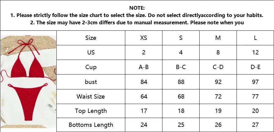 Triangle bikini set in red with Brazilian bottoms on a sandy beach; size chart visible beside.