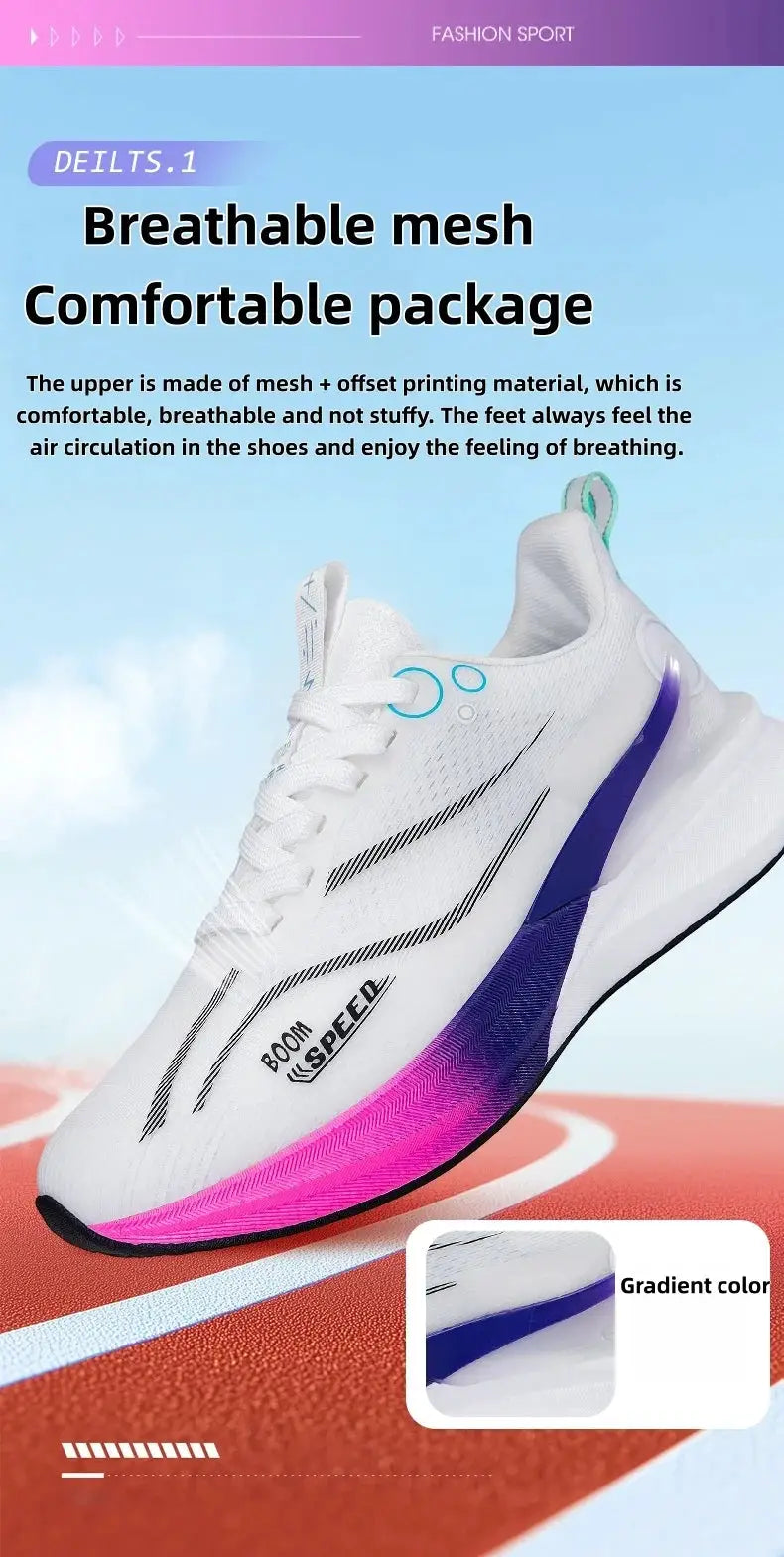 Unisex marathon running shoes with carbon board, breathable mesh upper and pink-to-purple gradient sole